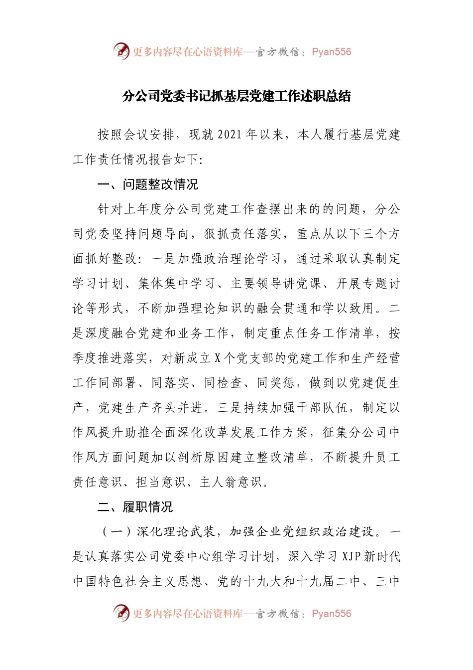 分公司党委书记抓基层党建工作述职总结(02).docx_第1页