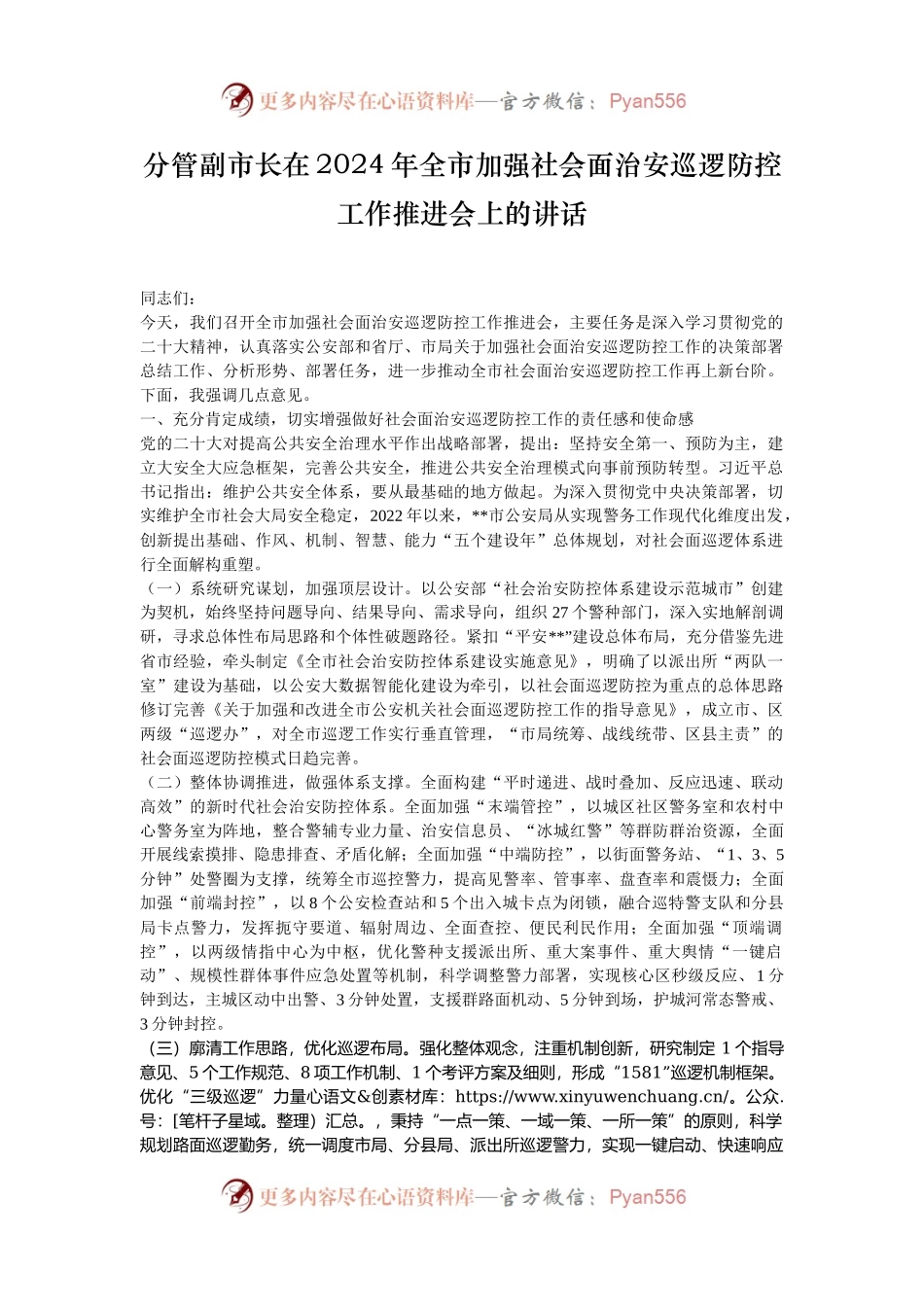 分管副市长在2024年全市加强社会面治安巡逻防控工作推进会上的讲话.docx_第1页