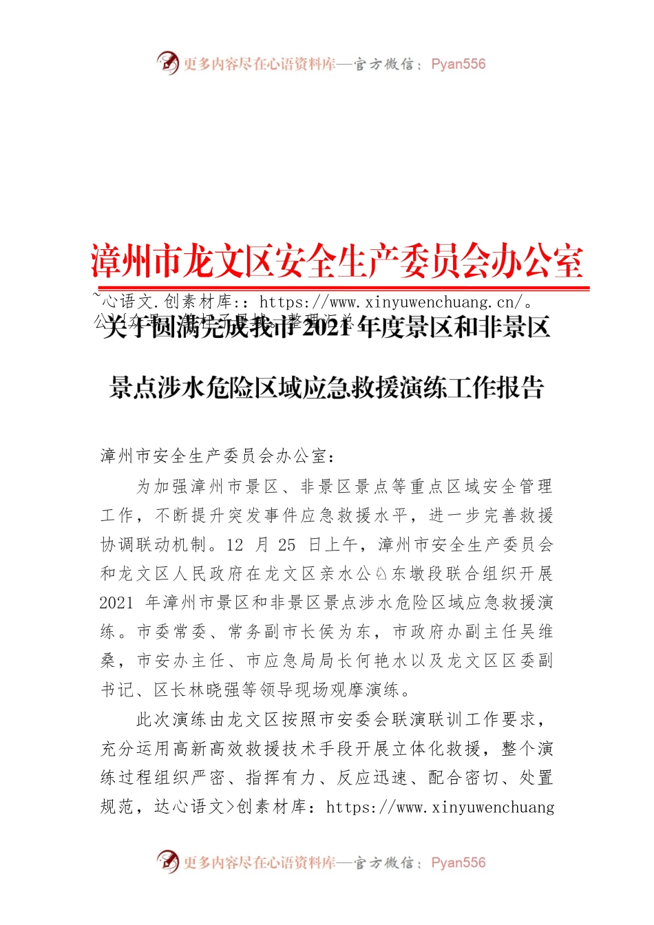 关于圆满完成我市2021年度景区和非景区景点涉水危险区域应急救援演练工作报告.docx_第1页