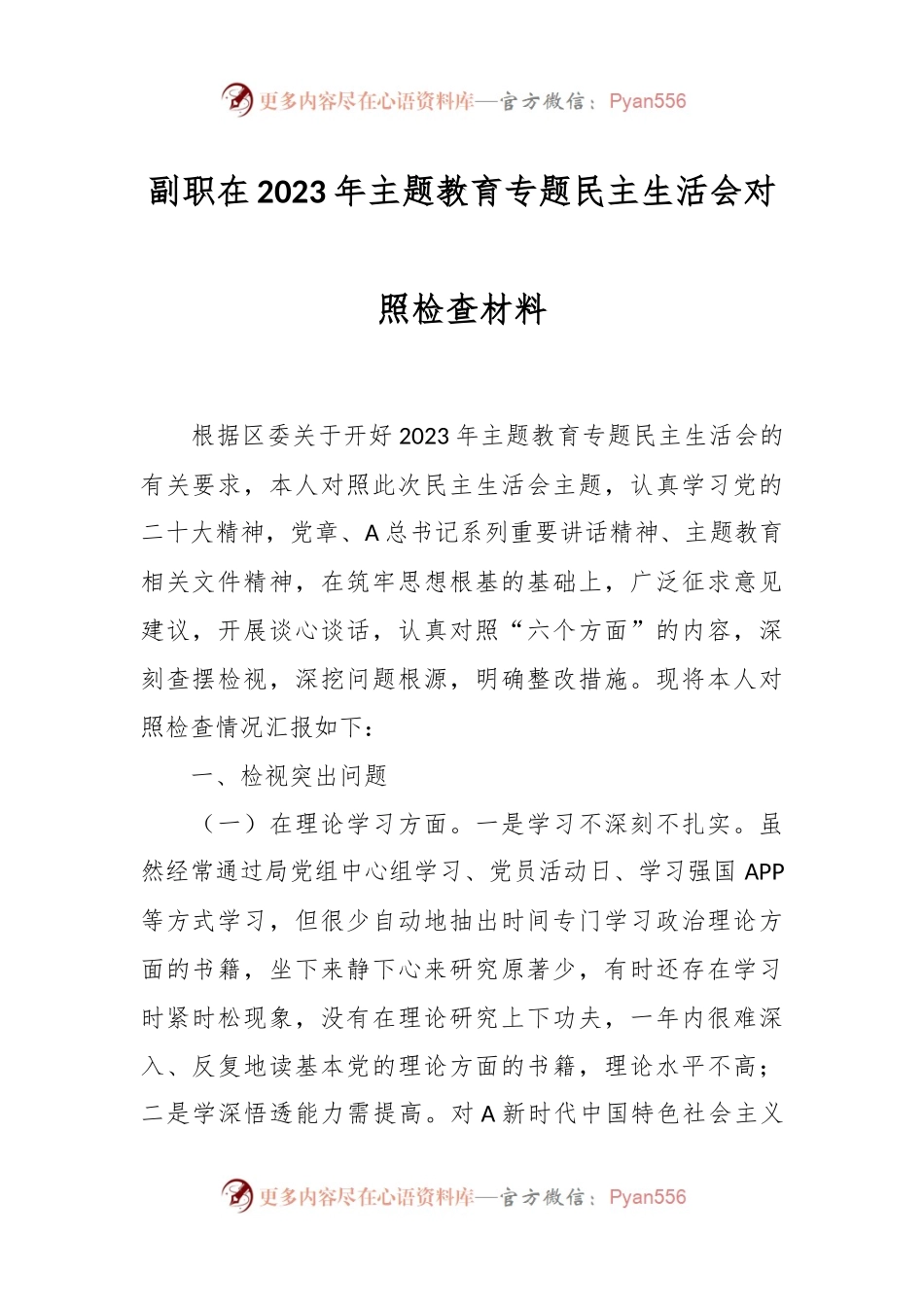 副职在2023年主题教育专题民主生活会对照检查材料.docx_第1页