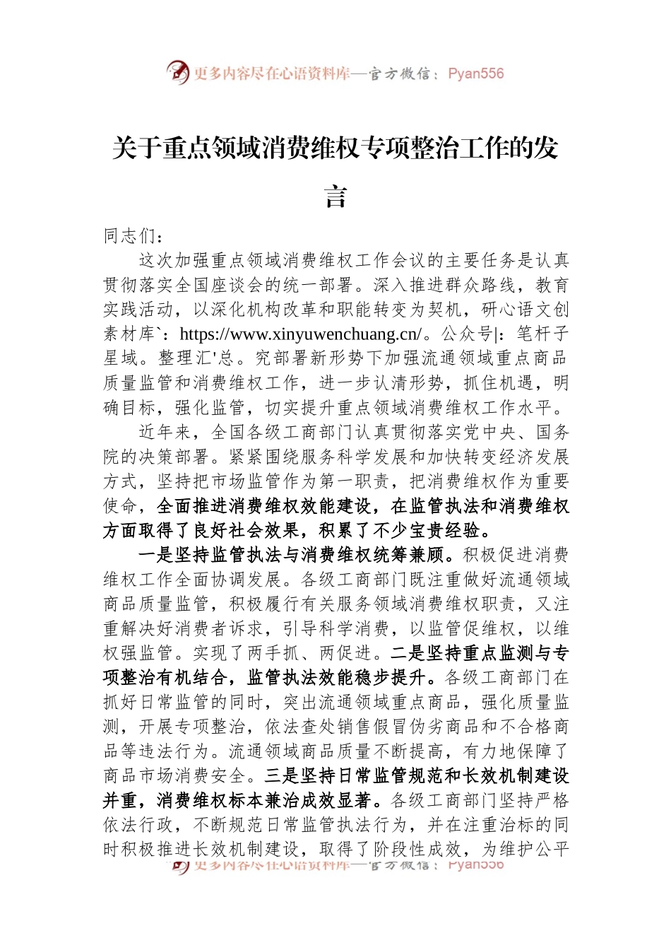 关于重点领域消费维权专项整治工作的发言.docx_第1页