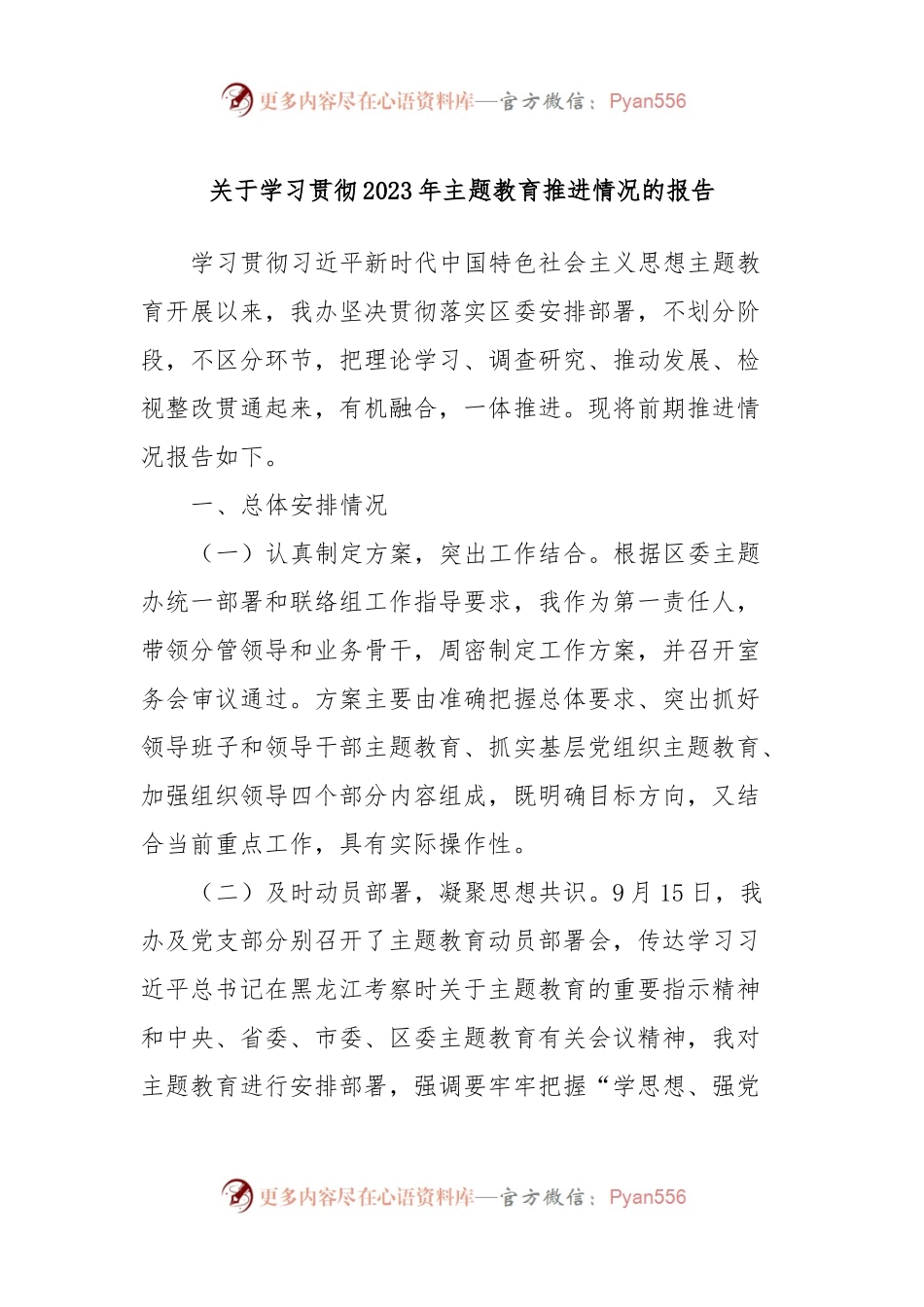 关于学习贯彻2023年主题教育推进情况的报告.docx_第1页