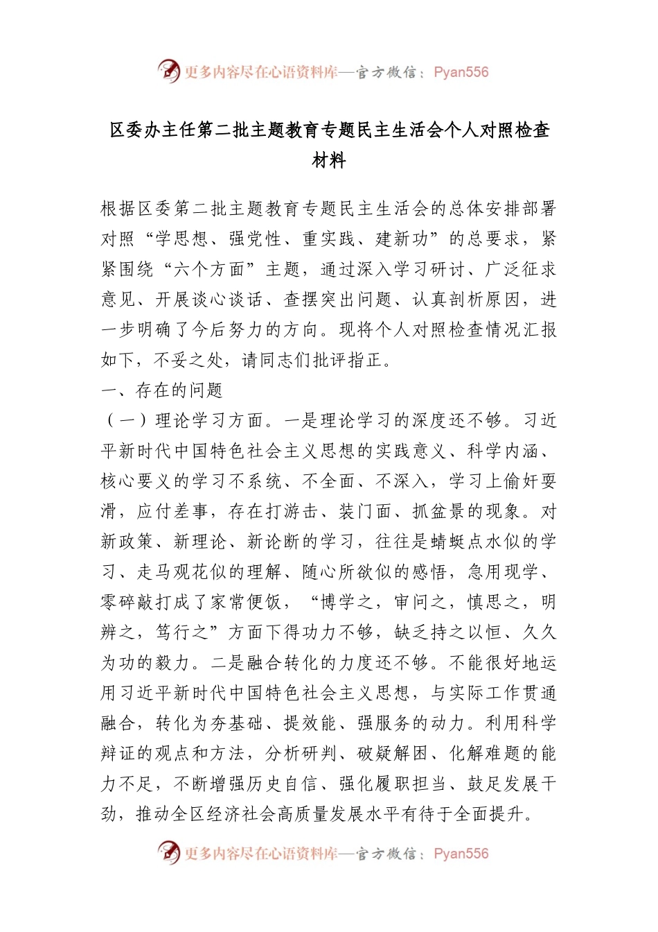 区委办主任第二批主题教育专题民主生活会个人对照检查材料(1).docx_第1页