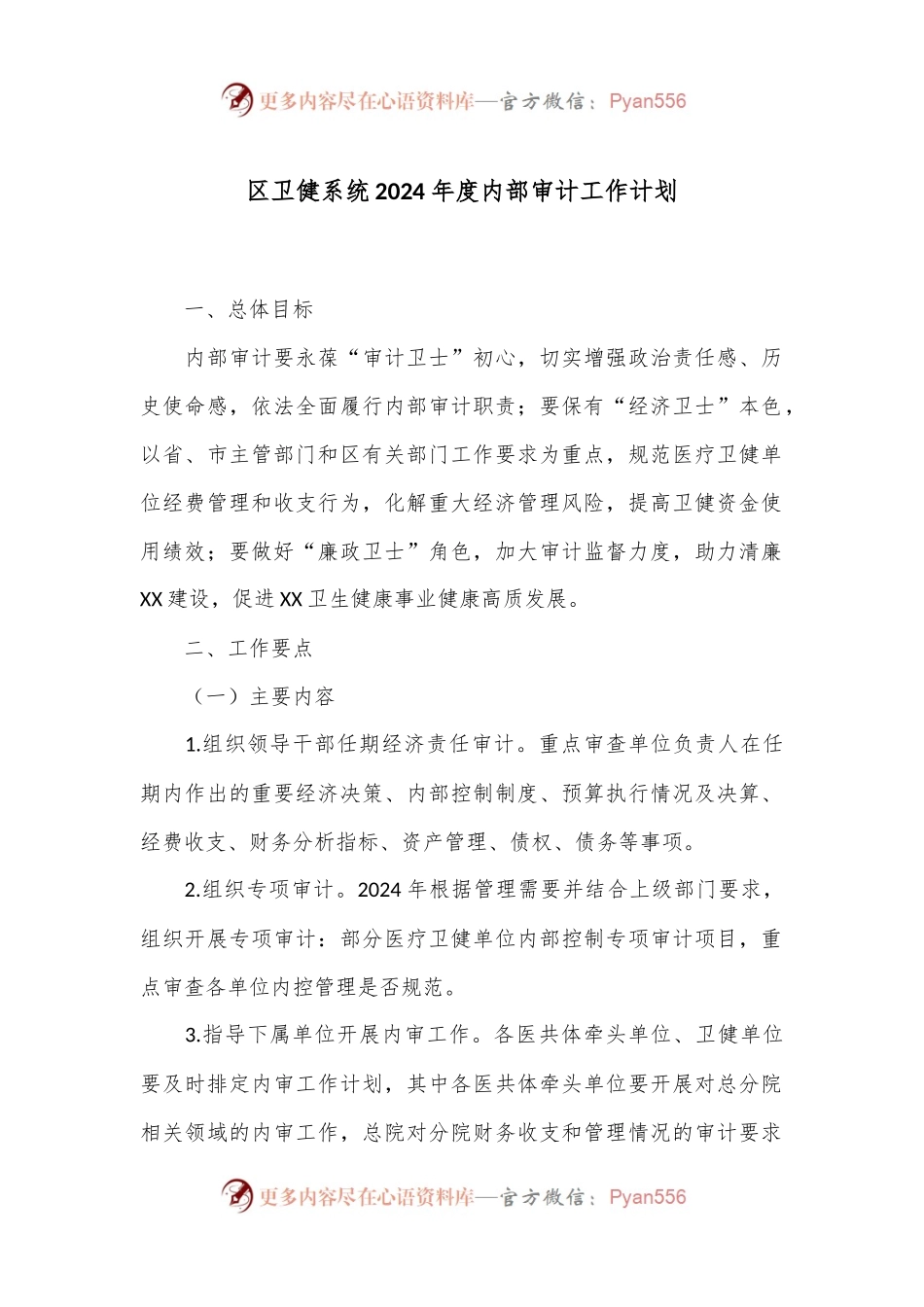 区卫健系统2024年度内部审计工作计划.docx_第1页