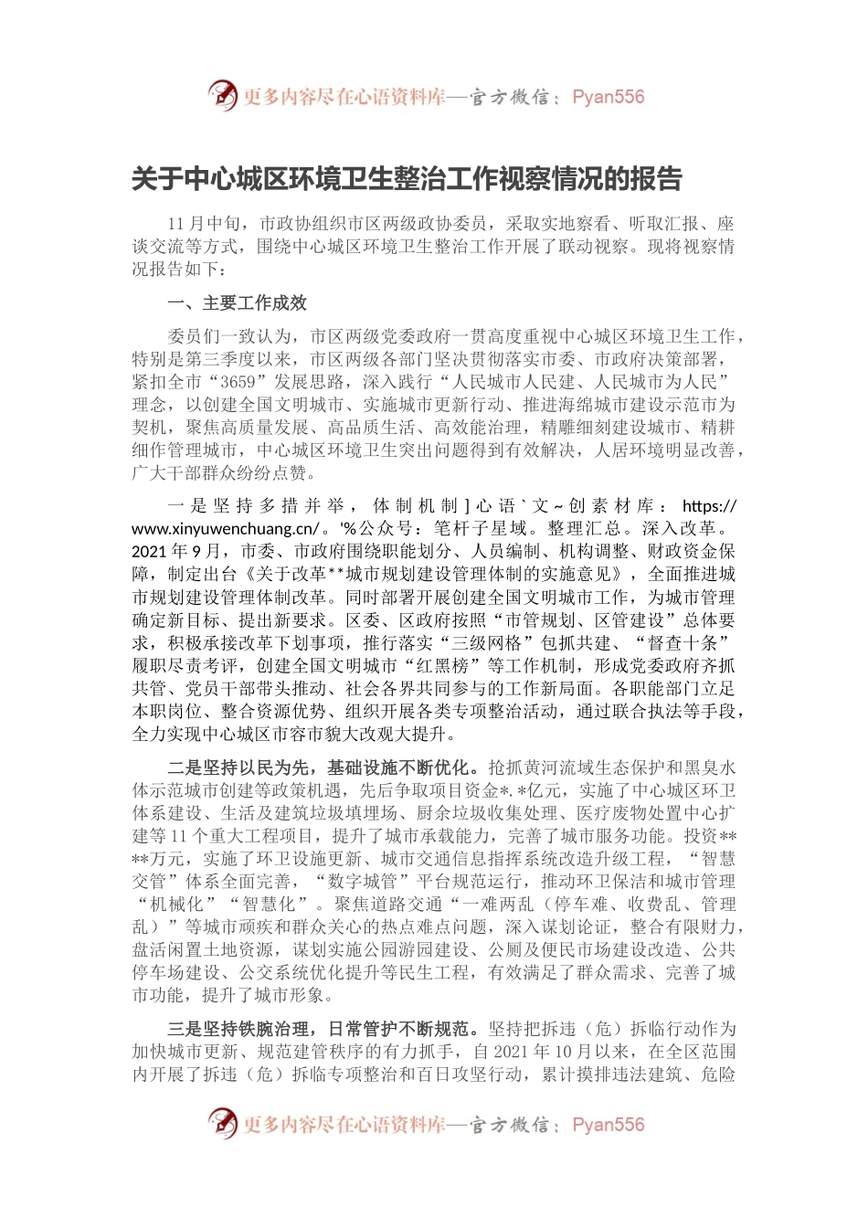 关于中心城区环境卫生整治工作视察情况的报告.docx_第1页