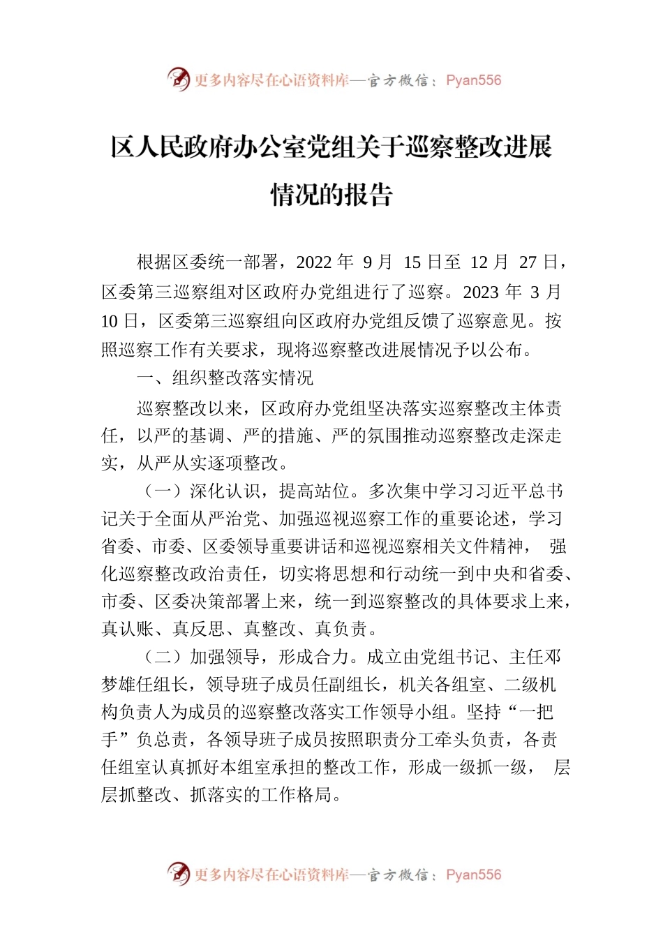 区人民政府办公室党组关于巡察整改进展情况的报告（2023年7月28日）.docx_第1页