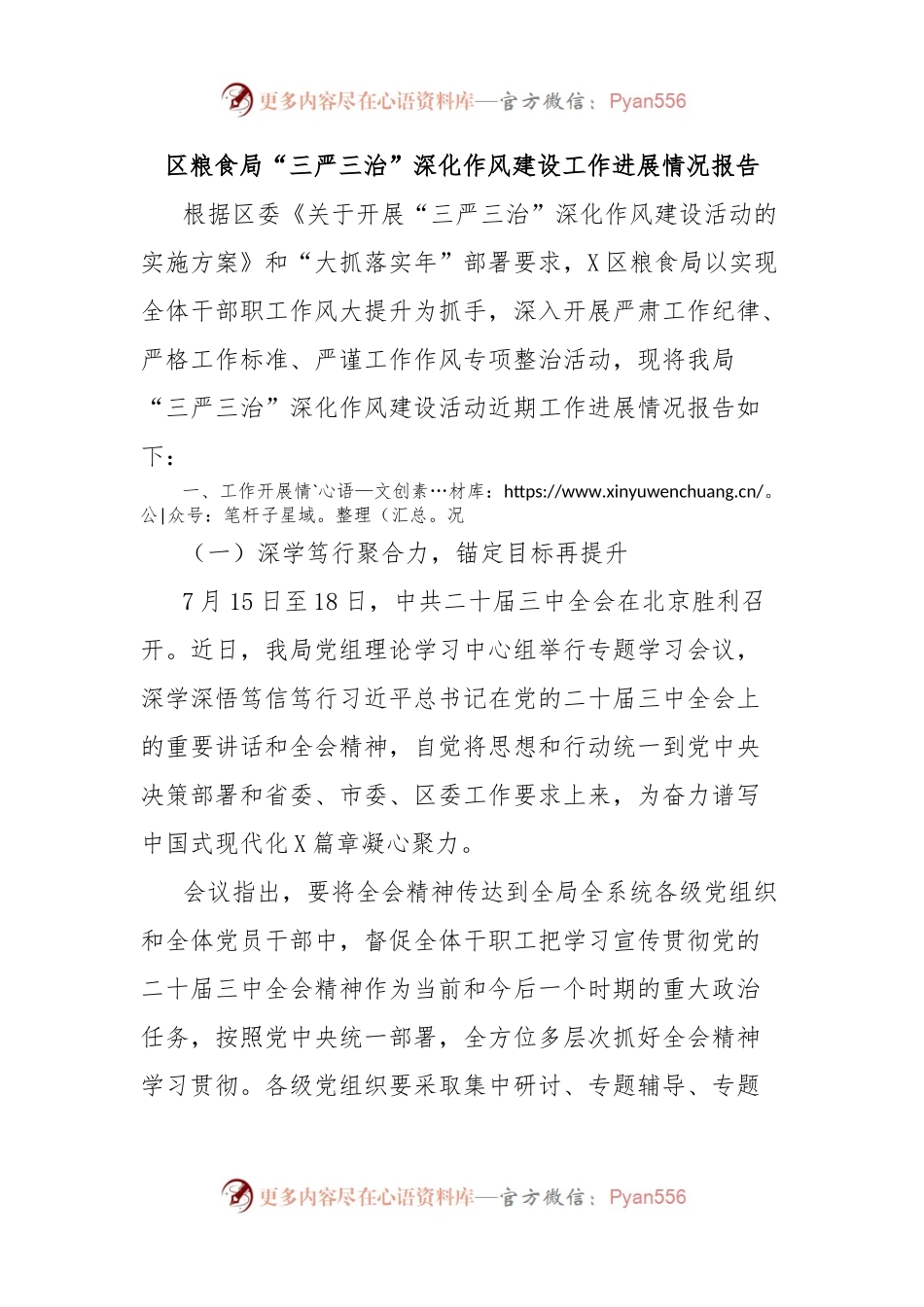 区粮食局“三严三治”深化作风建设工作进展情况报告.docx_第1页