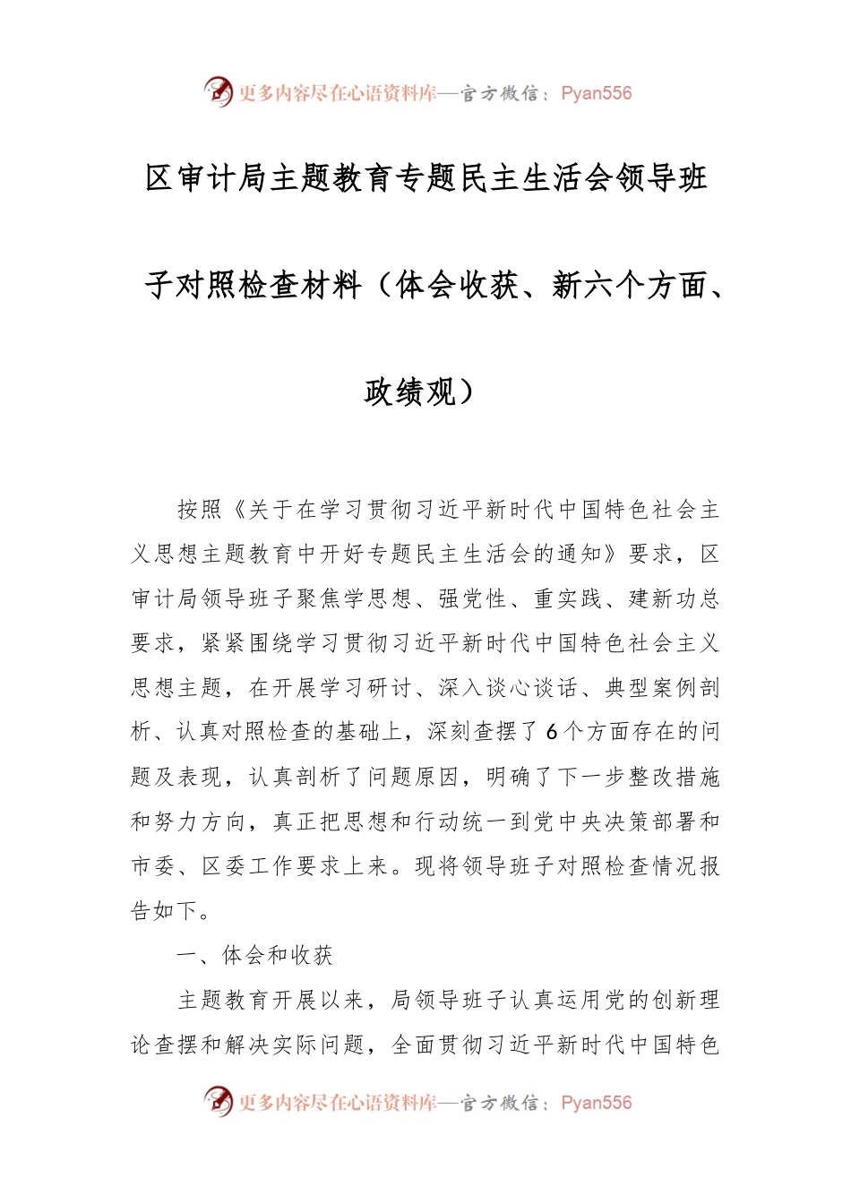 区审计局主题教育专题民主生活会领导班子对照检查材料（体会收获、新六个方面、政绩观）.docx_第1页