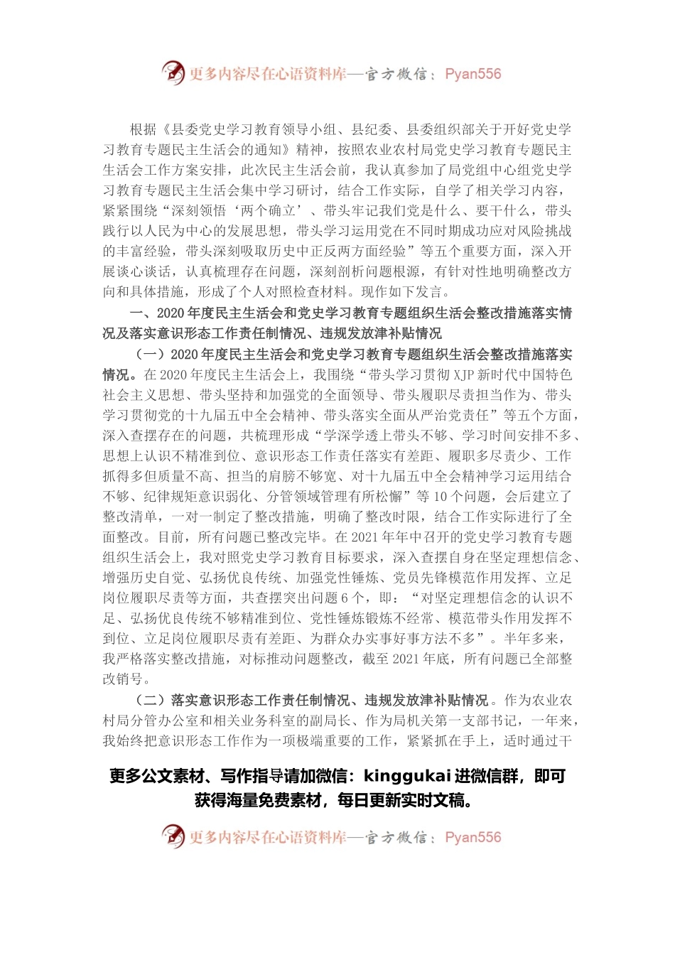 副局长2021年党史学习教育五个带头专题民主生活会个人发言提纲.docx_第1页