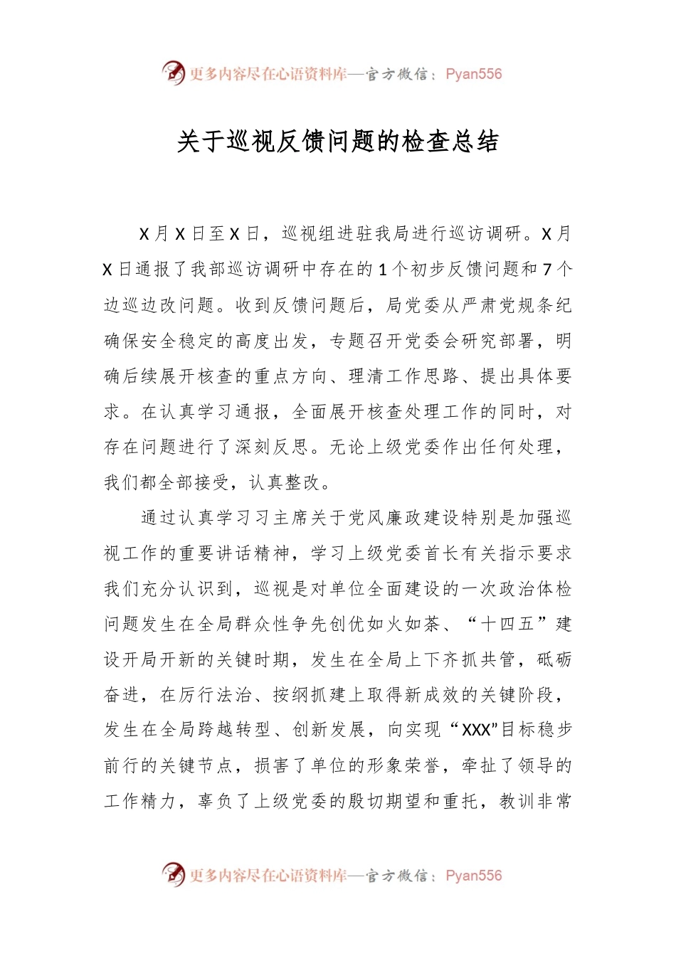 关于巡视反馈问题的检查总结.docx_第1页