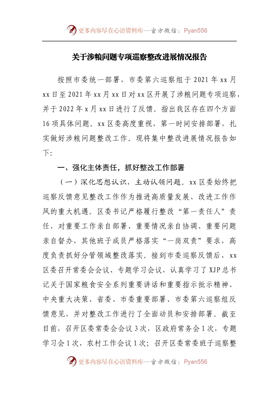 关于涉粮问题专项巡察整改进展情况报告2022.docx_第1页