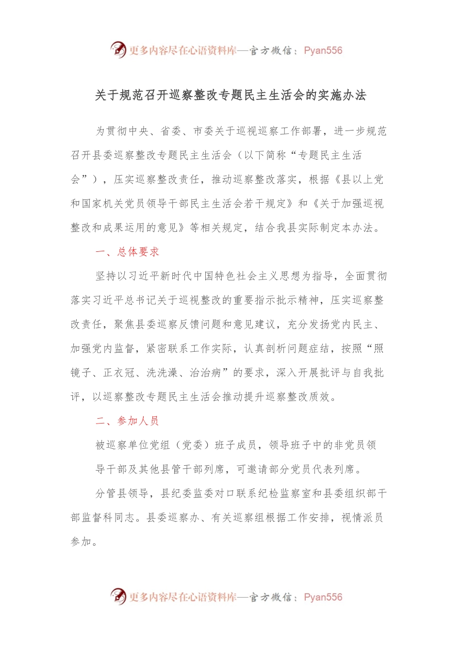关于规范召开巡察整改专题民主生活会的实施办法.docx_第1页