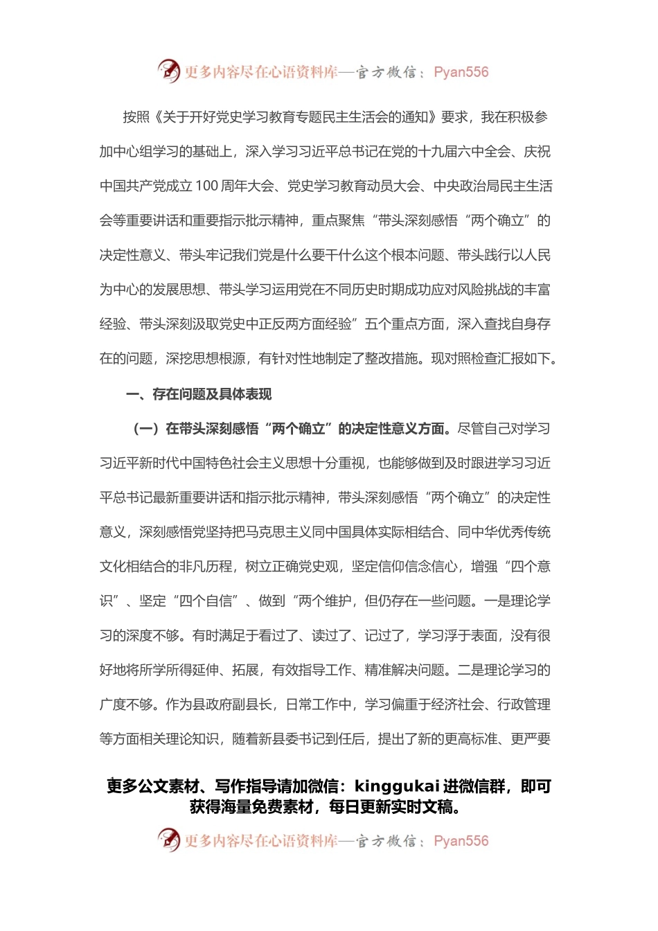 副县长党史学习教育专题民主生活会“五个带头”对照检查发言材料.docx_第1页