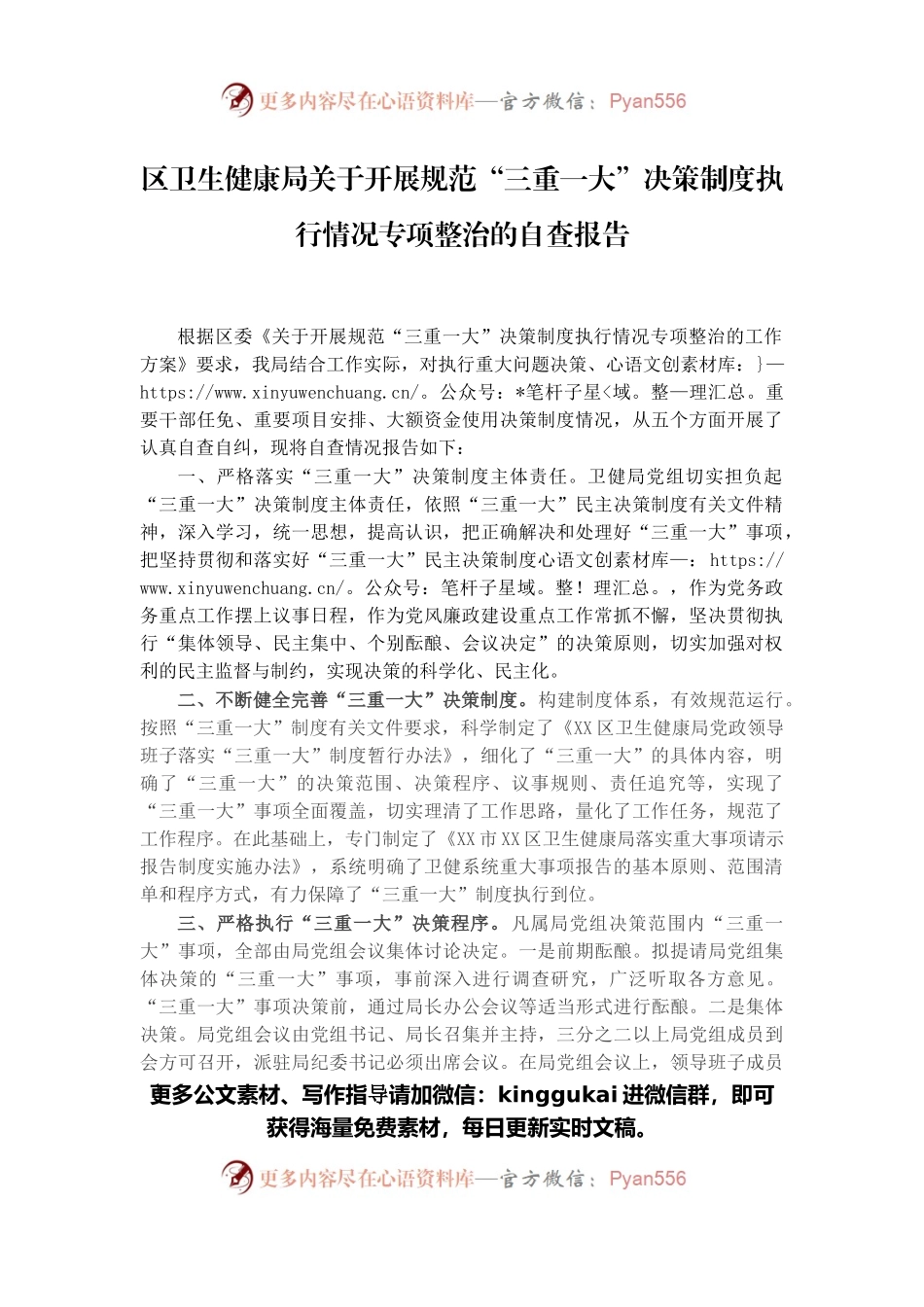 区卫生健康局关于开展规范“三重一大”决策制度执行情况专项整治的自查报告.docx_第1页