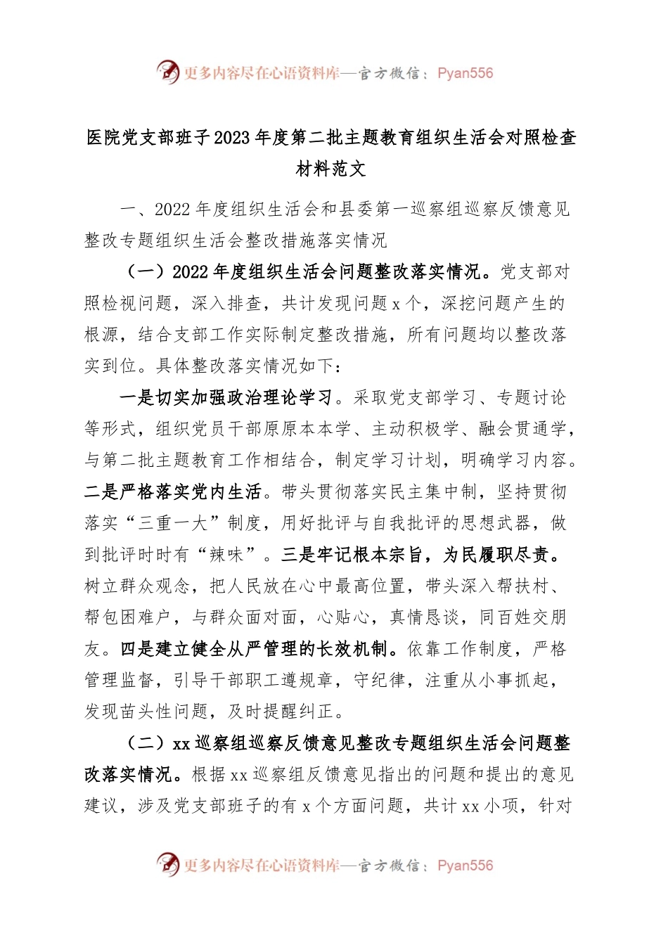 医院支部班子2023年度主题教育组织生活会检查材料（开展主题教育、执行决定、严格生活、党员教育、服务群众、自身建设，检视剖析，发言稿提纲第二批次对照）六个方面20240124.docx_第1页