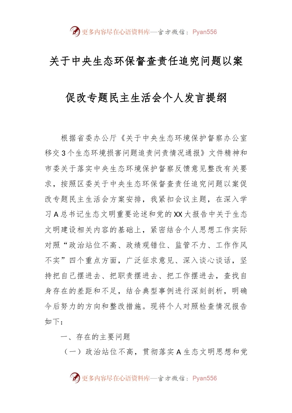 关于中央生态环保督查责任追究问题以案促改专题民主生活会个人发言提纲.docx_第1页