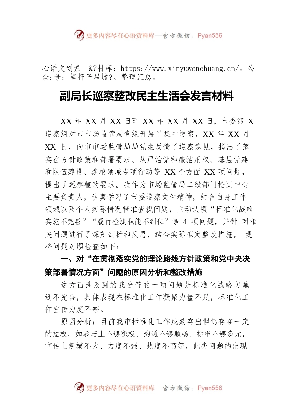 副局长巡察整改民主生活会发言材料.docx_第1页
