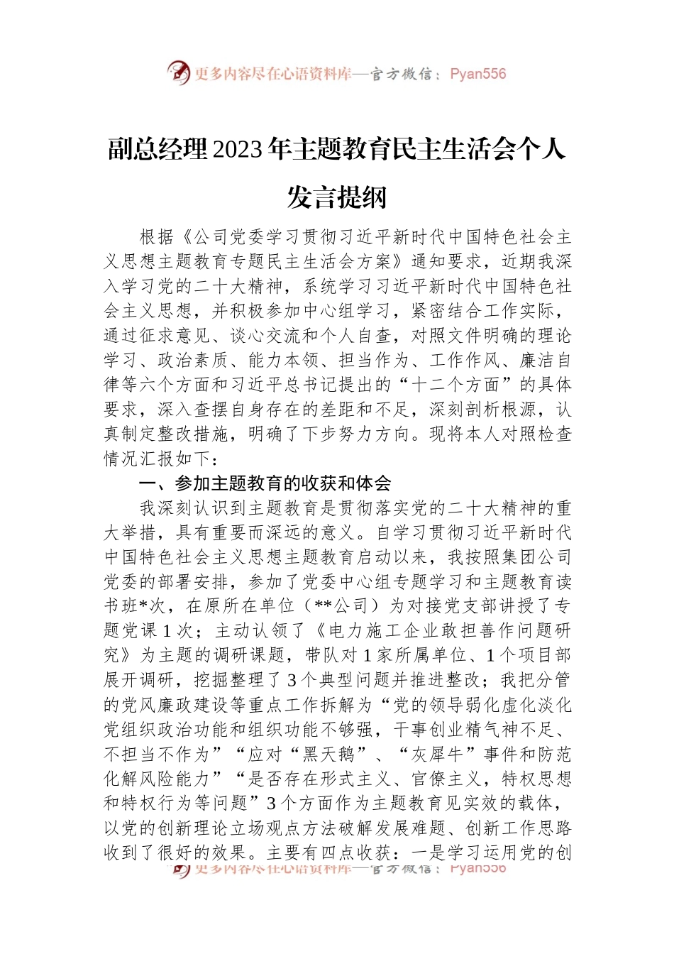 副总经理2023年主题教育民主生活会个人发言提纲.docx_第1页