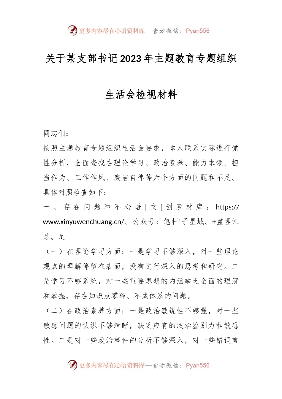 关于某支部书记2023年主题教育专题组织生活会检视材料.docx_第1页
