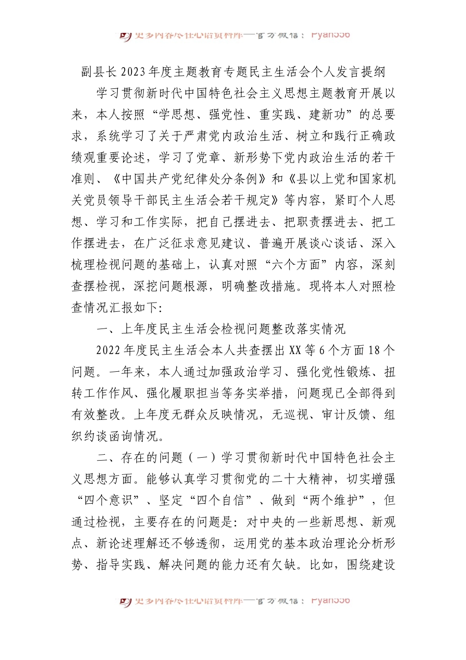 副县长2023年度主题教育专题民主生活会个人发言提纲.docx_第1页