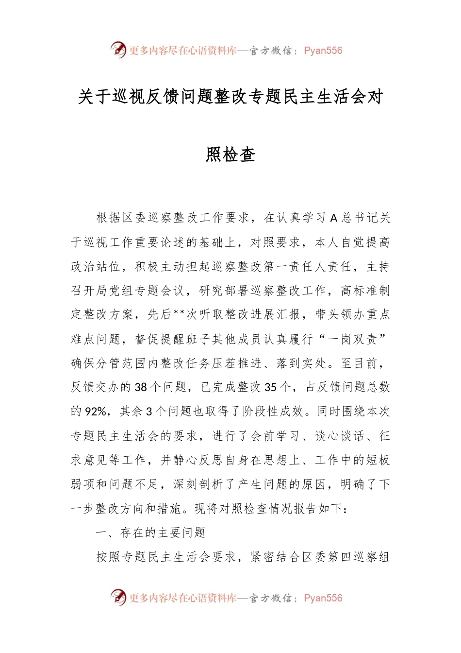关于巡视反馈问题整改专题民主生活会对照检查.docx_第1页