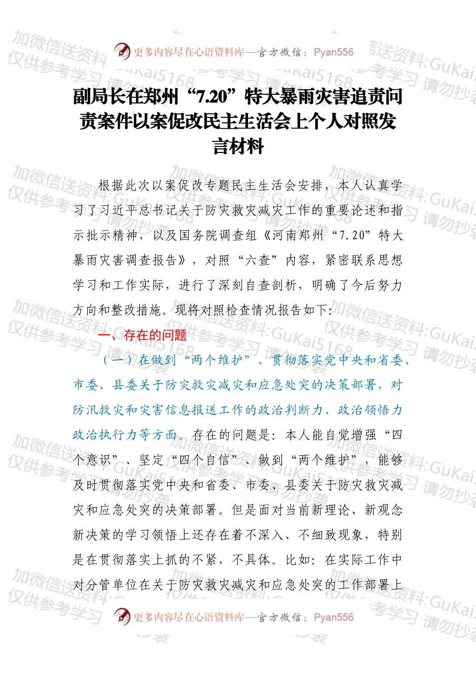 副局长在郑州“7.20”特大暴雨灾害追责问责案件以案促改民主生活会上个人对照发言材料.docx_第1页