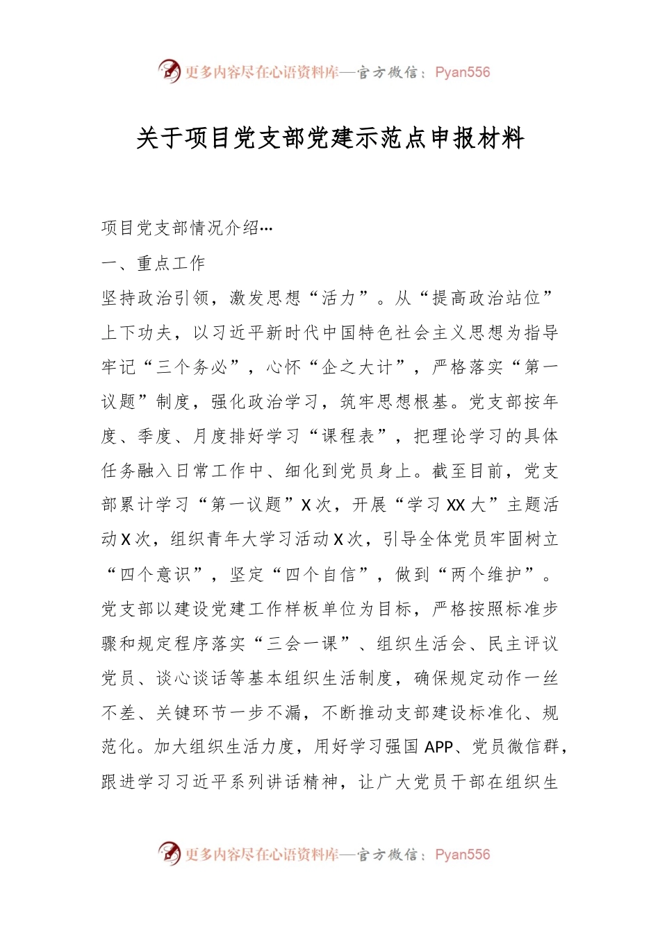 关于项目党支部党建示范点申报材料.docx_第1页