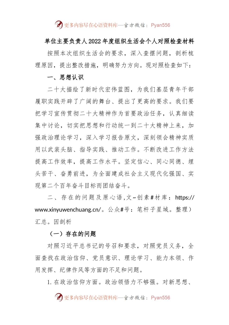单位主要负责人2022年度组织生活会个人对照检查材料.docx_第1页