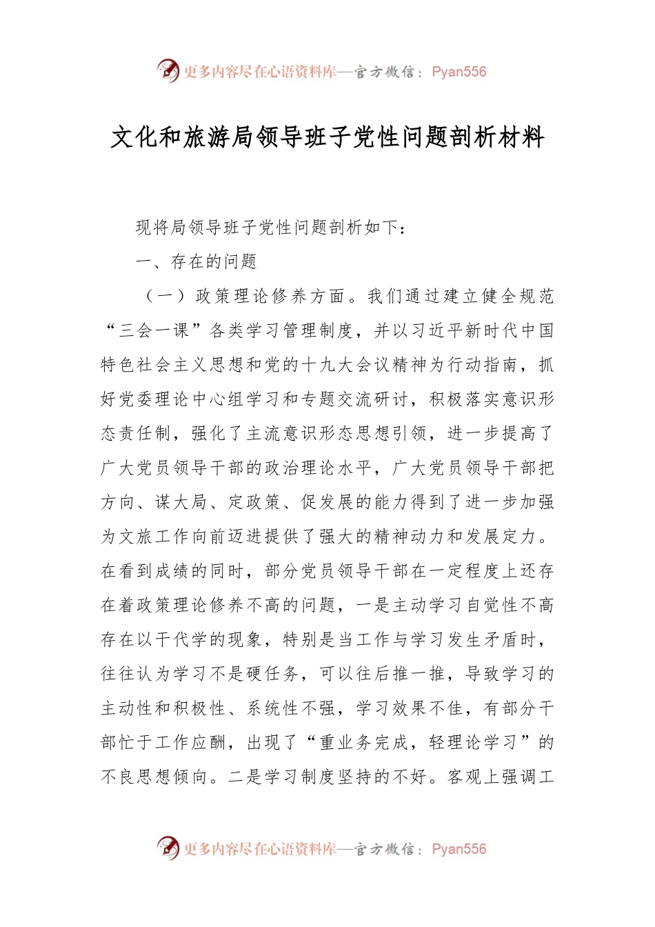 关于文化和旅游局领导班子党性问题剖析材料.docx_第1页