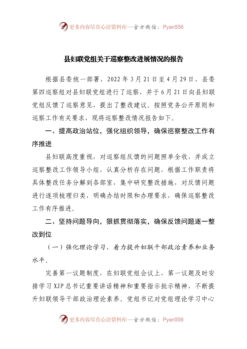 关于巡察整改进展情况的报告（三）.docx_第1页