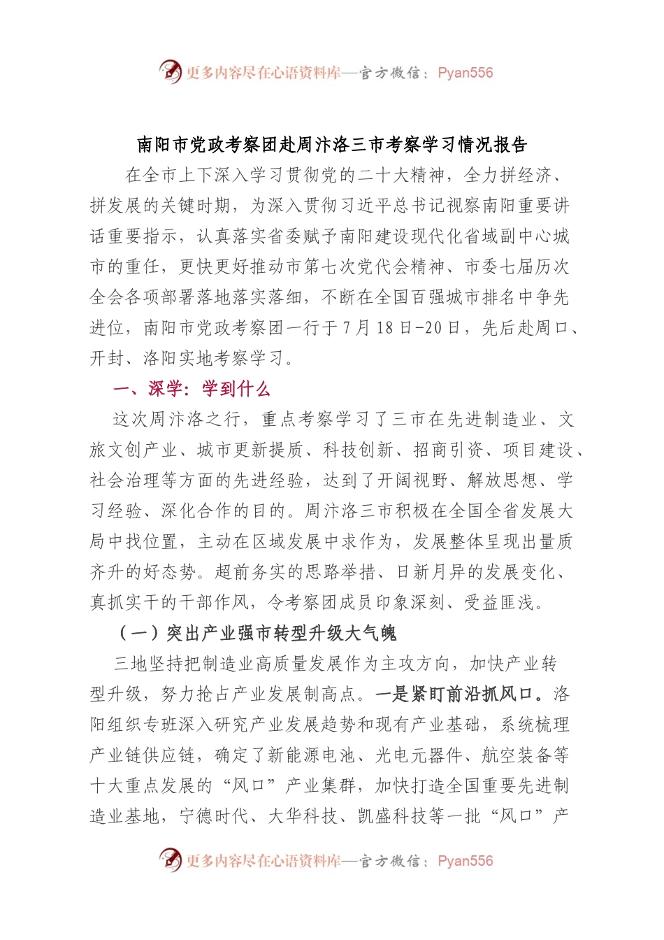 南阳市党政考察团赴周汴洛三市考察学习情况报告.docx_第1页