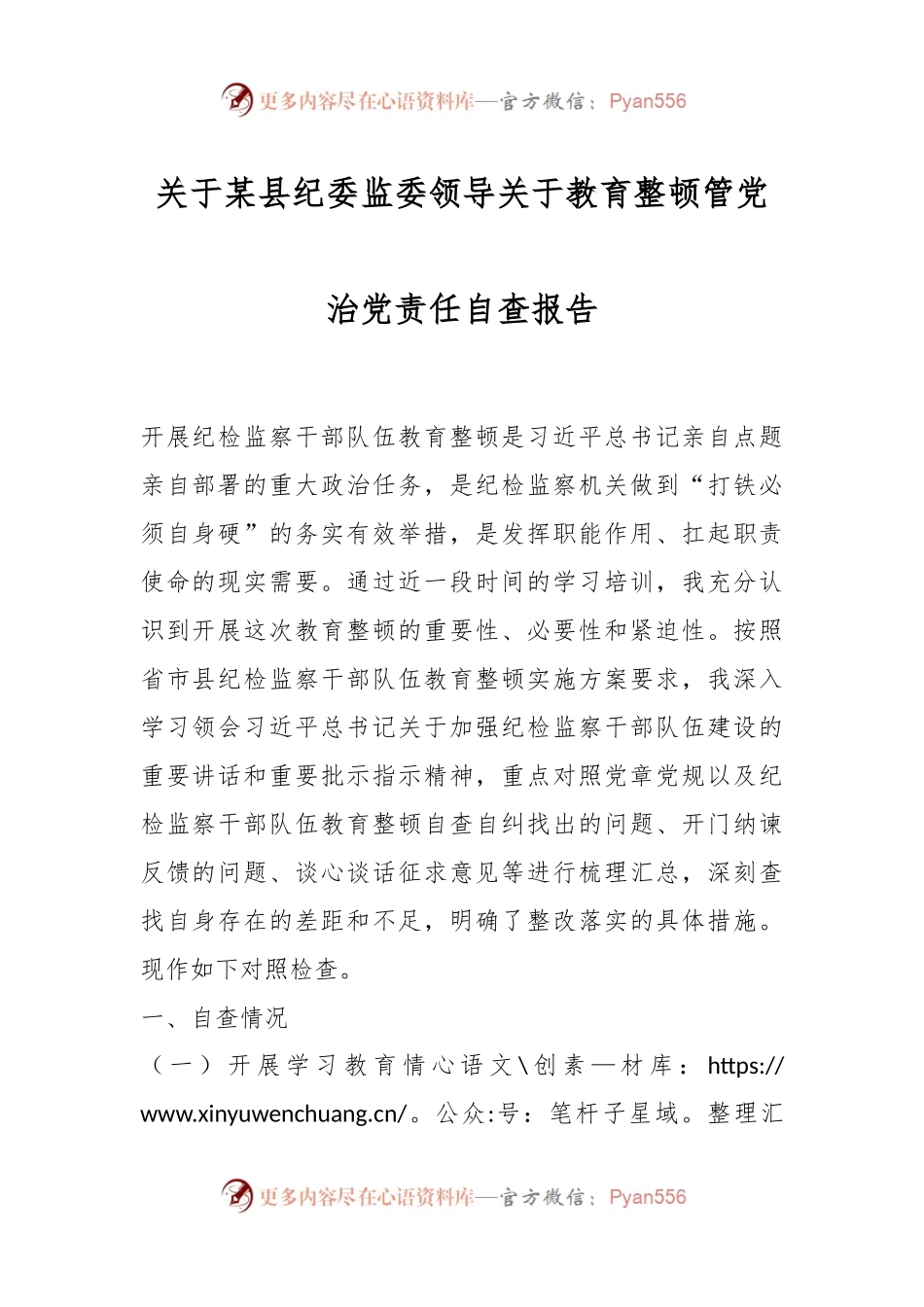 关于某县纪委监委领导关于教育整顿管党治党责任自查报告.docx_第1页