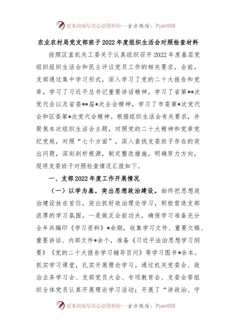 农业农村局党支部班子 2022 年度组织生活会对照检查材料.docx_第1页