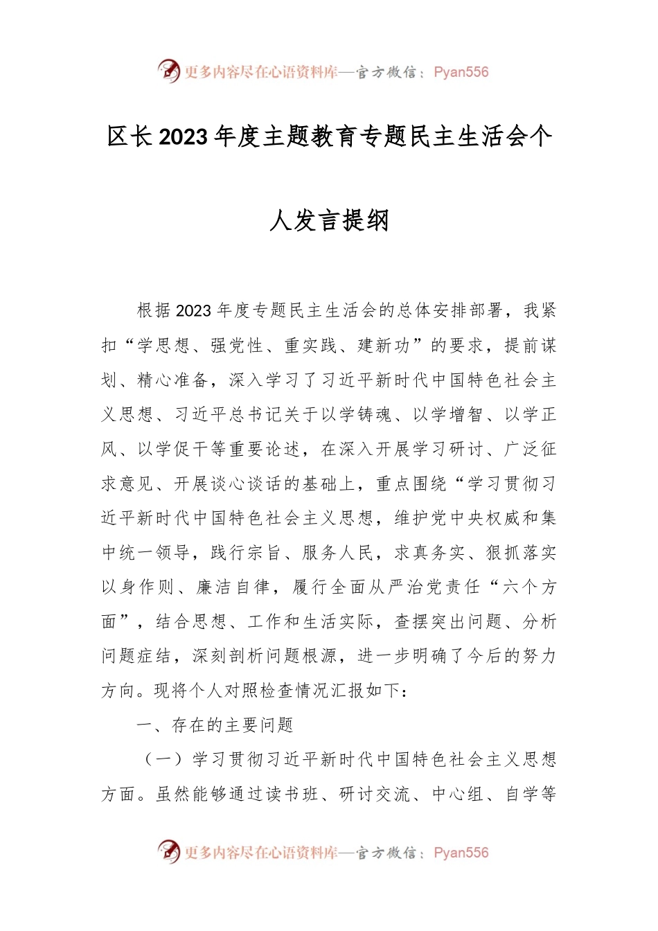 区长2023年度主题教育专题民主生活会个人发言稿提纲.docx_第1页