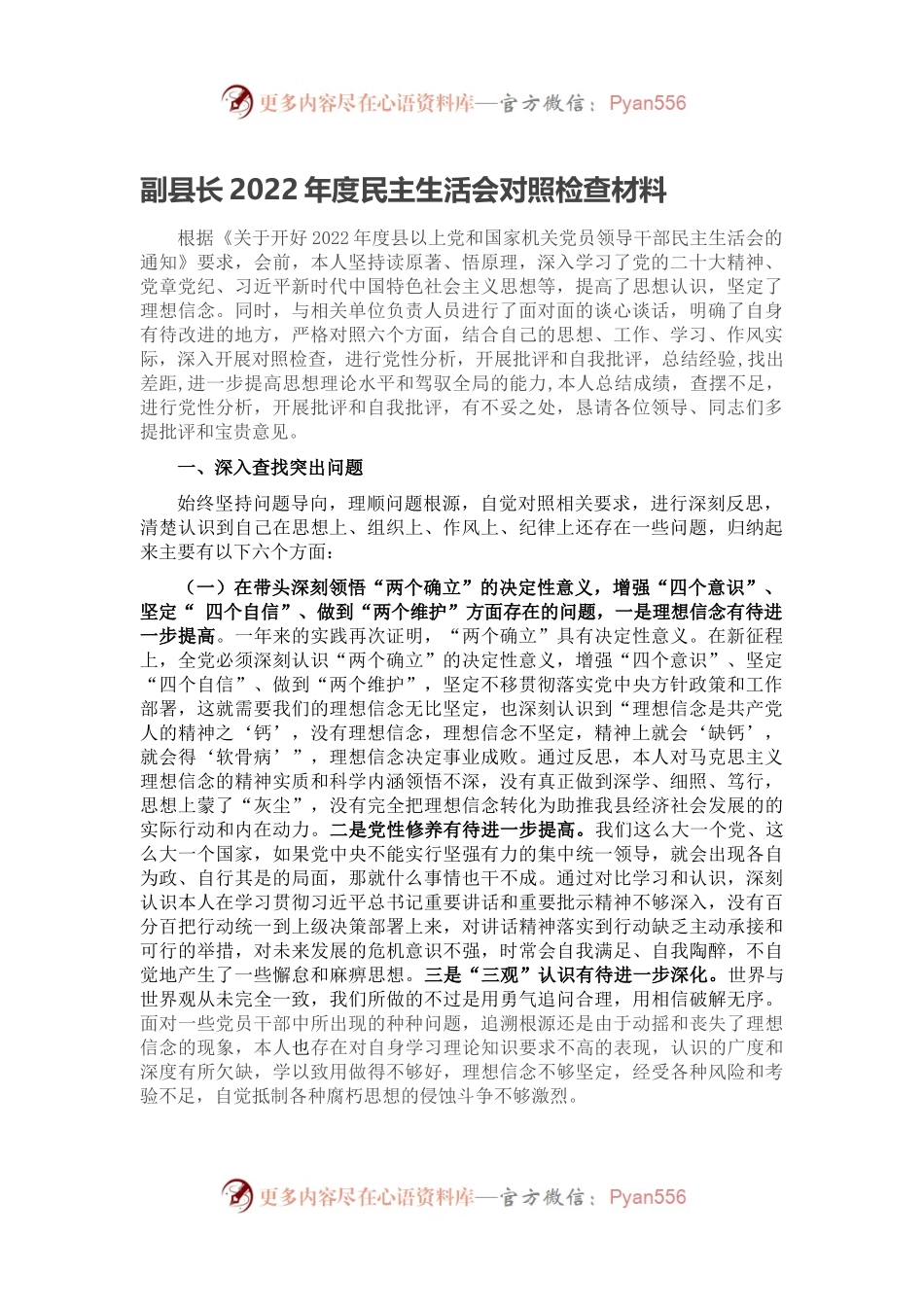 副县长2022年度民主生活会对照检查材料.docx_第1页
