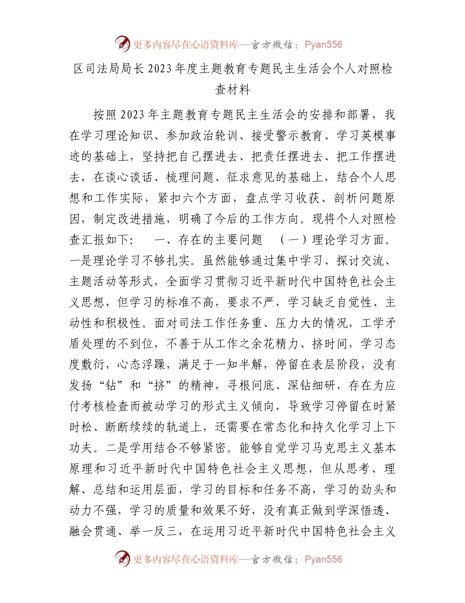 区司法局局长2023年度主题教育专题民主生活会个人对照检查材料.docx_第1页