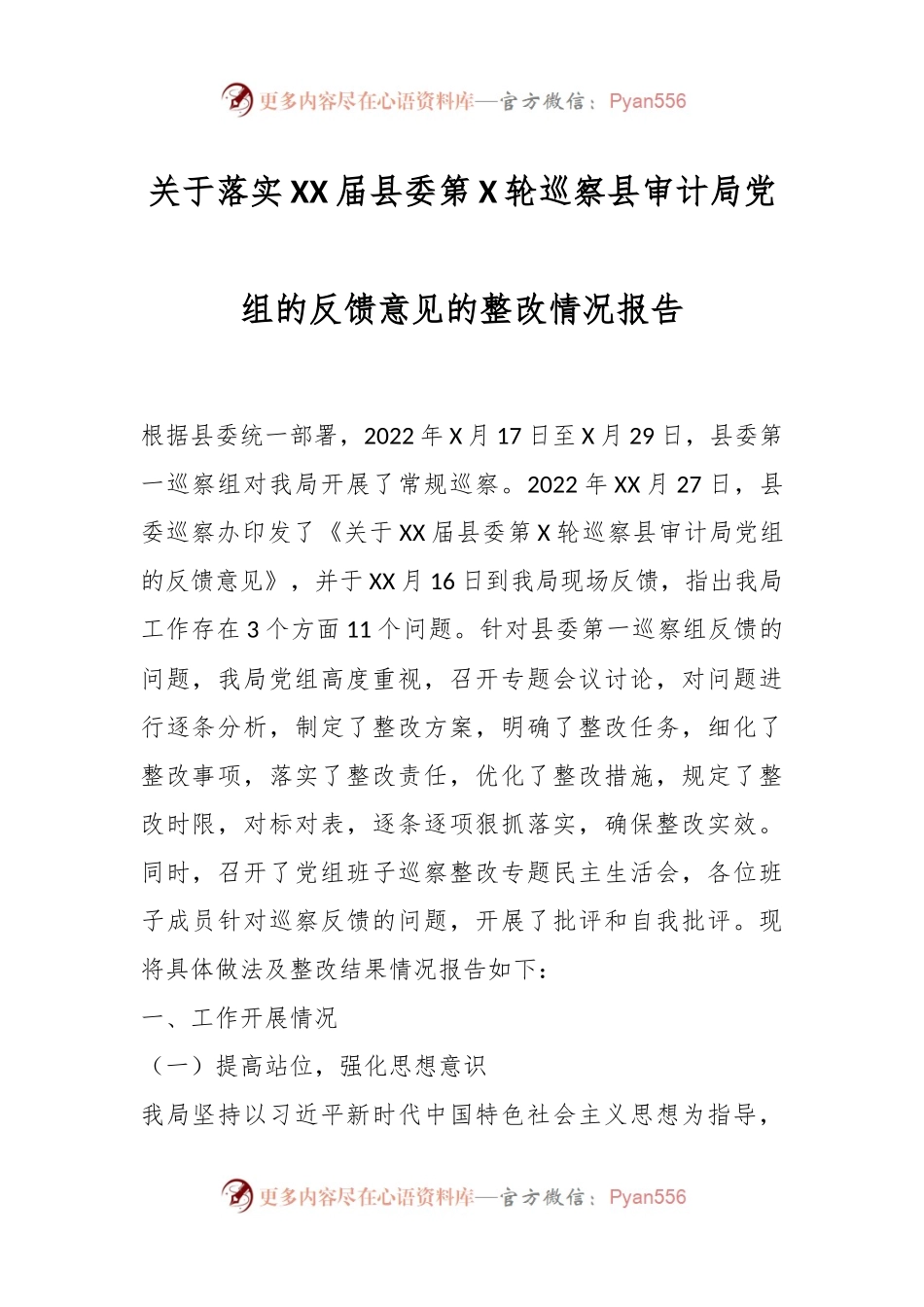 关于落实XX届县委第X轮巡察县审计局党组的反馈意见的整改情况报告.docx_第1页