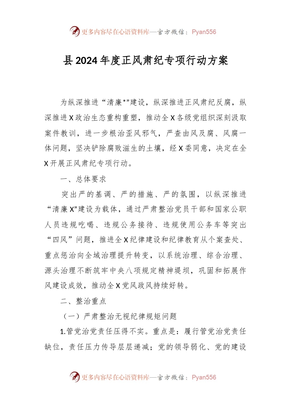 县2024年度正风肃纪专项行动方案.docx_第1页