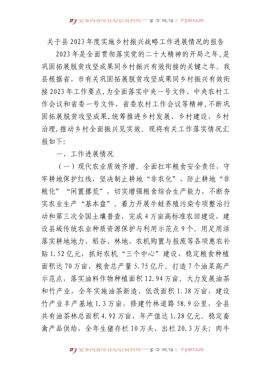关于县2023年度实施乡村振兴战略工作进展情况的报告.docx_第1页