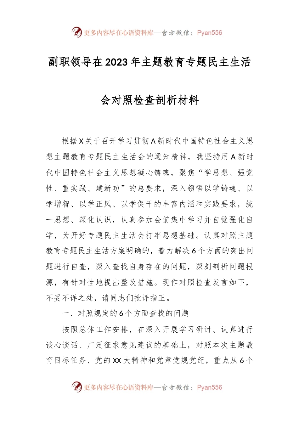 副职领导在2023年主题教育专题民主生活会对照检查剖析材料.docx_第1页