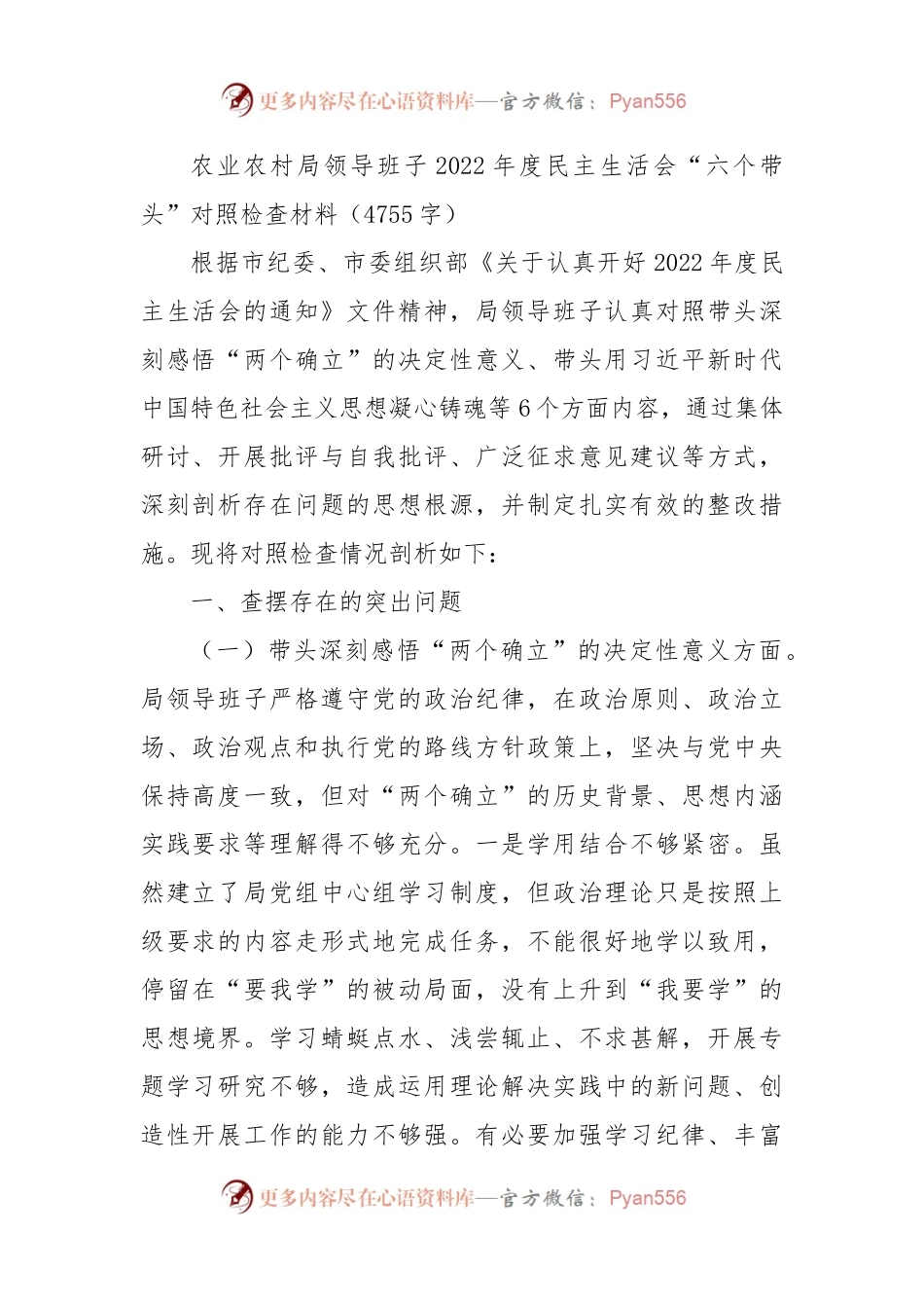 农业农村局领导班子2022年度民主生活会“六个带头”对照检查材料.docx_第1页