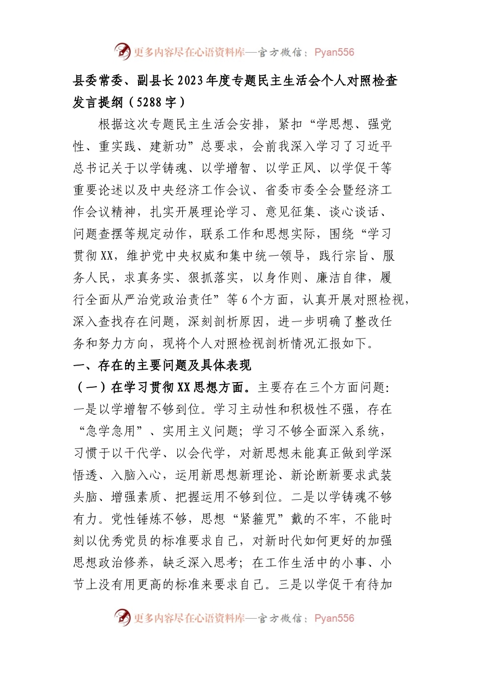 副县长2023年度专题民主生活会个人对照检查发言（践行宗旨等6个方面）.docx_第1页