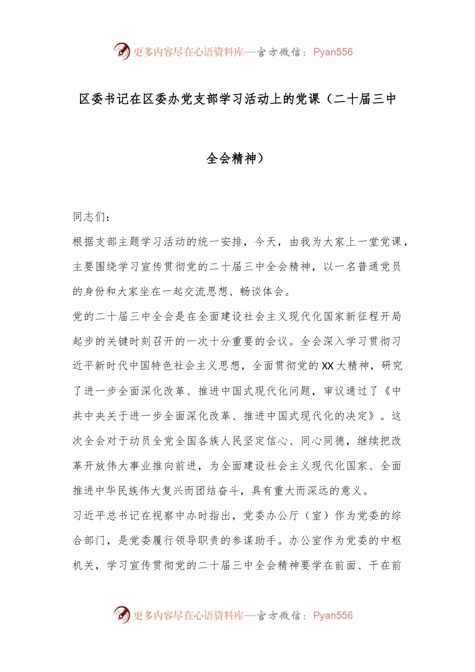 区委书记在区委办党支部学习活动上的党课（二十届三中全会精神）.docx_第1页