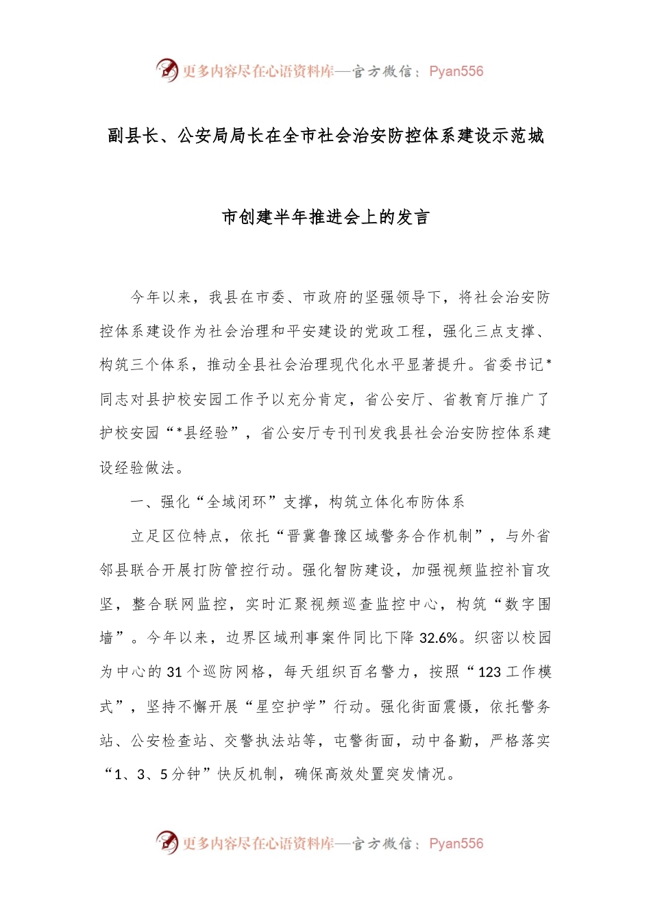 副县长、公安局局长在全市社会治安防控体系建设示范城市创建半年推进会上的发言.docx_第1页