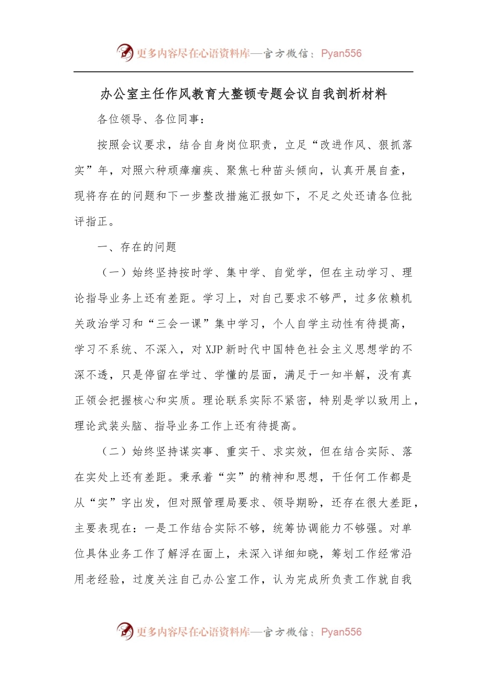 办公室主任作风教育大整顿专题会议自我剖析材料.docx_第1页