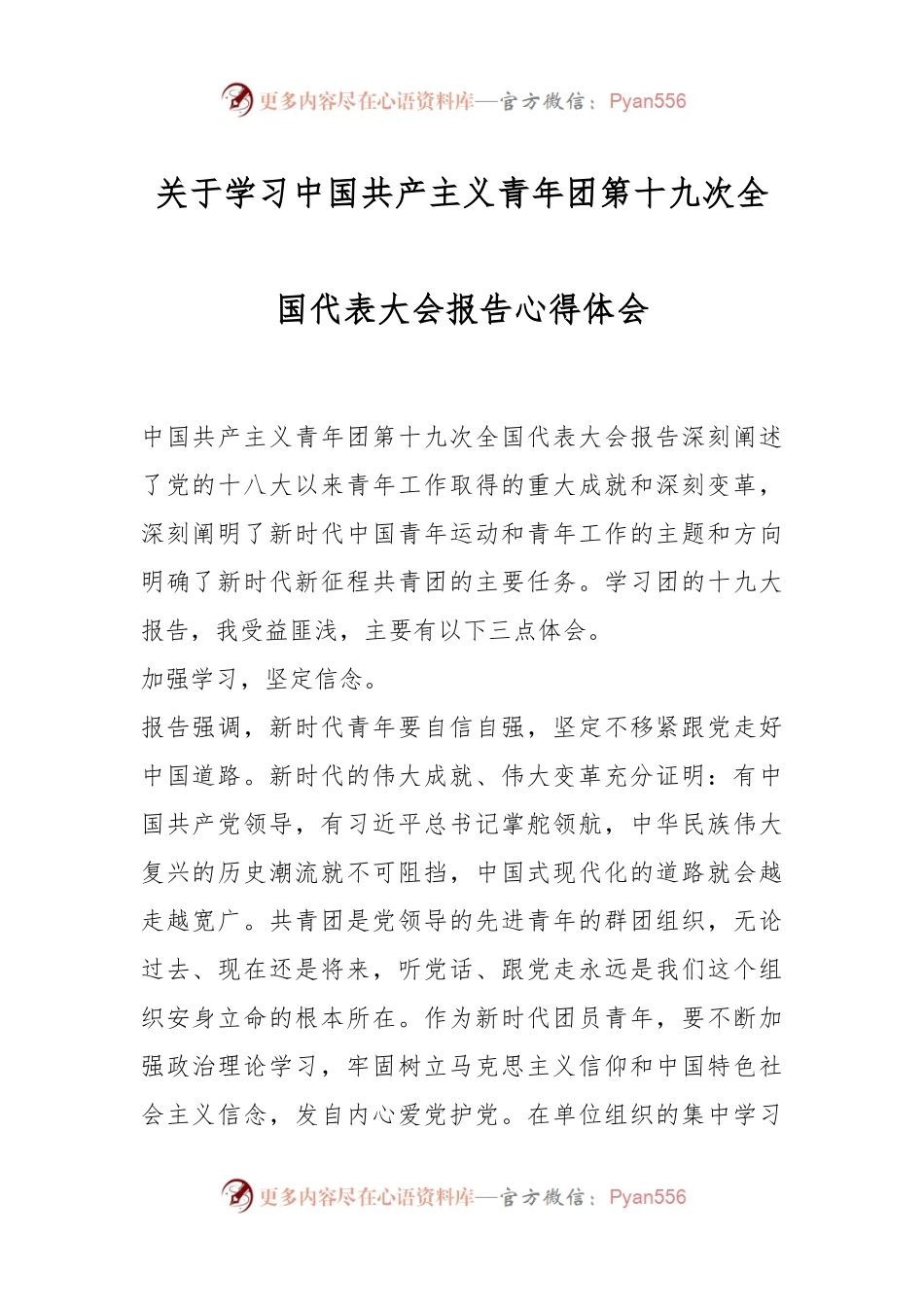 关于学习中国共产主义青年团第十九次全国代表大会报告心得体会.docx_第1页