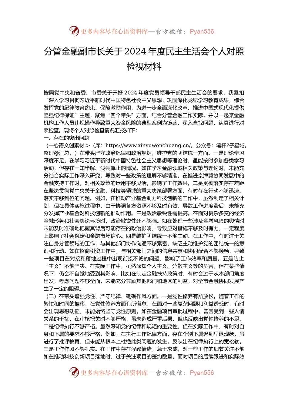 分管金融副市长关于2024年度民主生活会个人对照检视材料.docx_第1页
