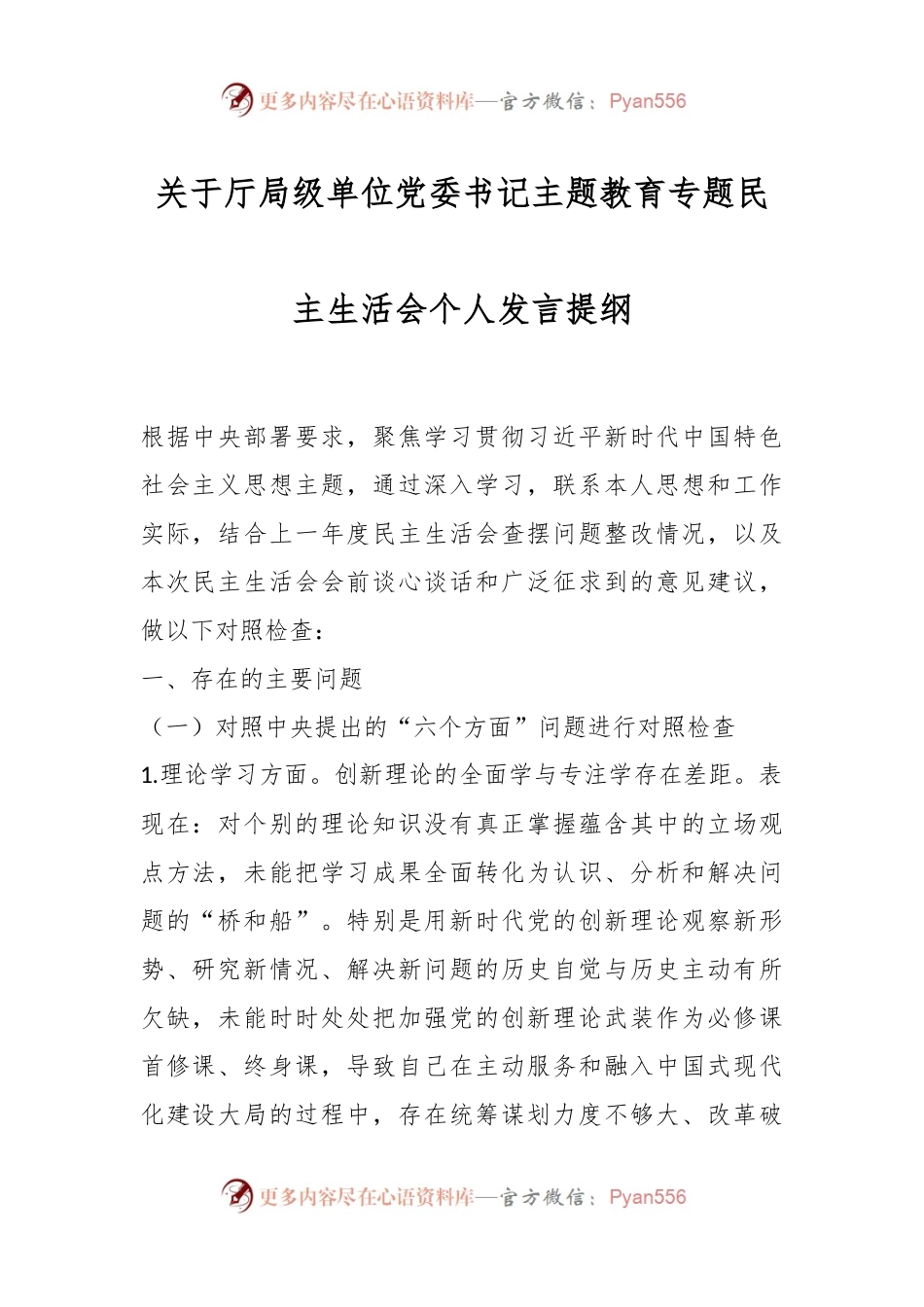 关于厅局级单位党委书记主题教育专题民主生活会个人发言提纲.docx_第1页