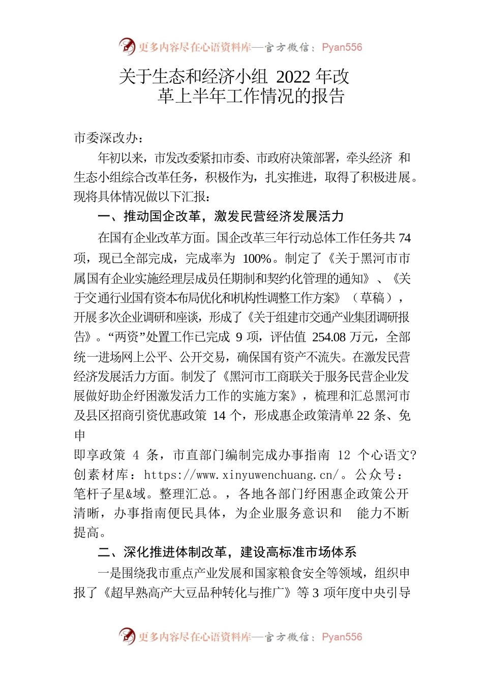 关于生态和经济小组2022年改革上半年工作情况的报告.docx_第1页
