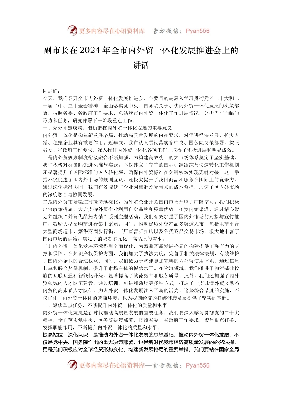 副市长在2024年全市内外贸一体化发展推进会上的讲话.docx_第1页
